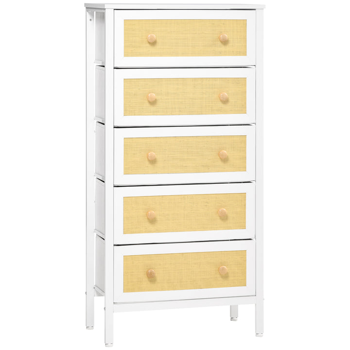 Cómoda de Dormitório Cómoda Estilo Bohemio com 5 Gavetas de Tecido Dobráveis Superfície de Vime PE e Estrutura de Aço para Entrada Sala de Estar Corredor 62x30x126,5 cm Branco e Bege