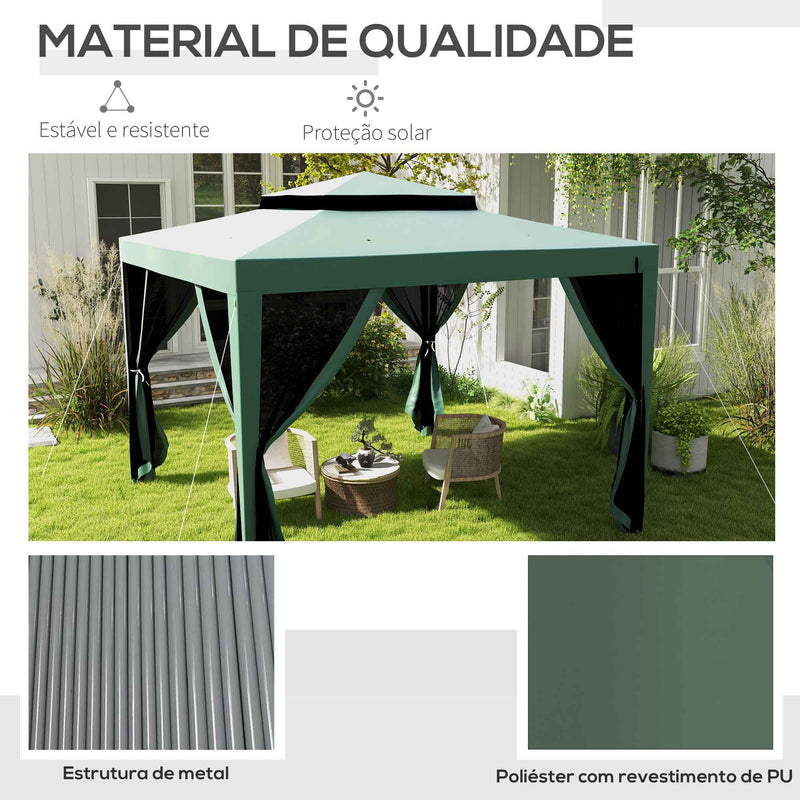 Pérgola de Jardim 297x297cm Pérgola com 4 Mosquiteiras Teto Duplo 8 Orifícios de Drenagem e Estrutura de Metal para Pátio Exterior Verde