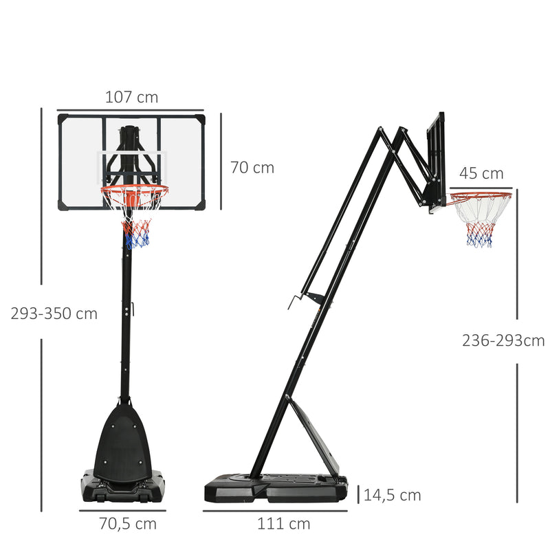 Tabela de Basquetebol com Altura Ajustável 293-350 cm Tabela de Basquetebol com Rodas Base Preenchida com Água ou Areia para Exterior 111x70,5x293-350 cm Preto