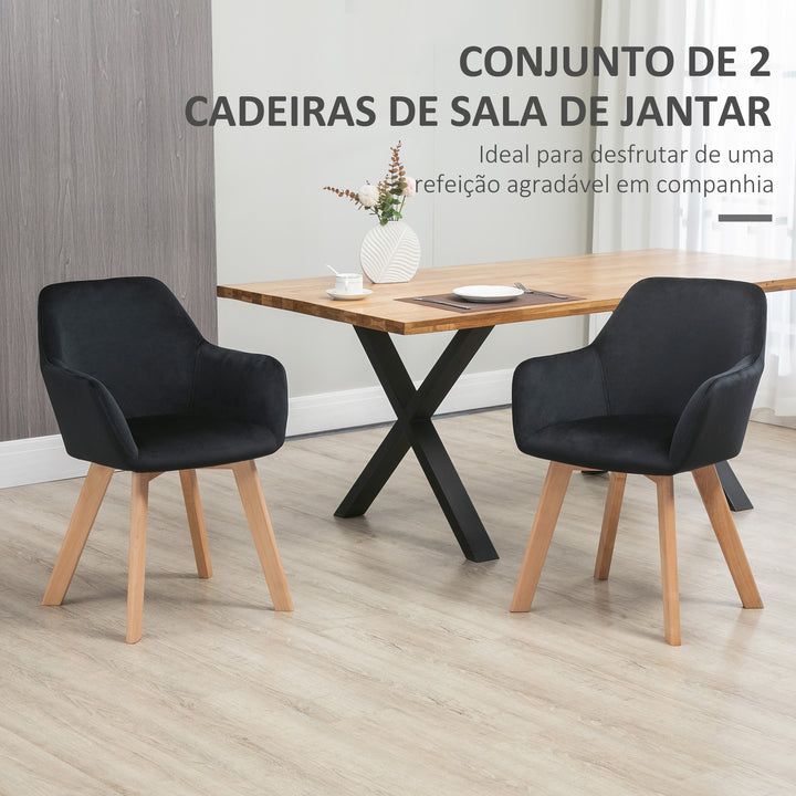 Conjunto de 2 Cadeiras de Sala de Jantar Modernas Cadeiras de Cozinha Estofadas em Veludo com Encosto Médio e Pés de Madeira de Borracha para Sala de Estar Carga 120kg 54x57x80cm Preto
