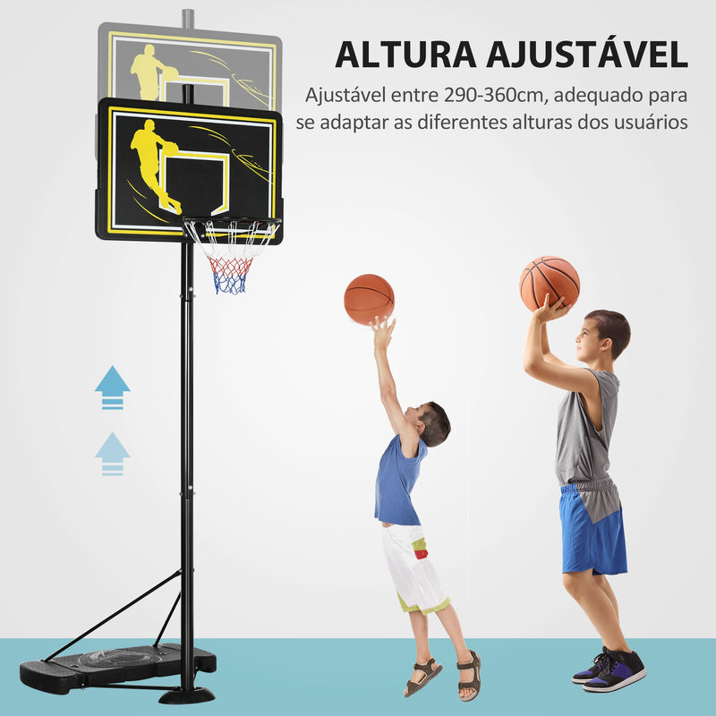 Cesta de Basquetebol com Rodas Altura Ajustável 230-305cm Cesta de Basquetebol com Suporte Tabela de PE e Base Recarregável para Exteriores 110x45x290-360cm Preto e Amarelo