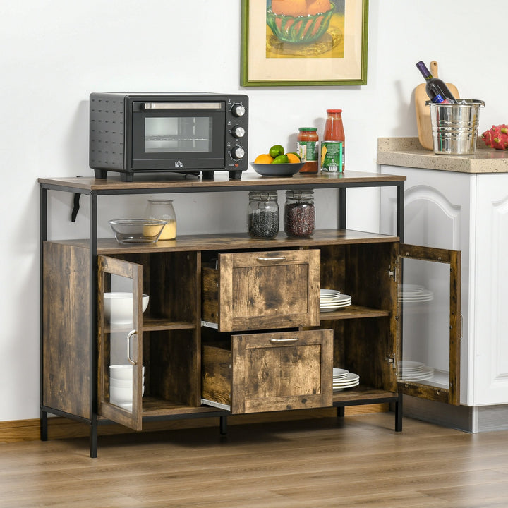 Aparador de Cozinha com 2 Portas de Cristal 2 Gavetas e Prateleiras Ajustáveis em Altura Armário Auxiliar de Estilo Industrial para Sala de Estar Sala de Jantar 120x40x88,5 cm Marrom Rústico