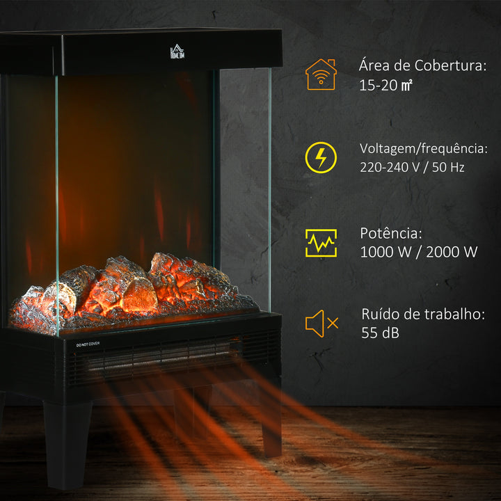 Lareira Elétrica 1000W/2000W Lareira Elétrica com Chama LED Realista Ajustável Termostato e Proteção Contra Superaquecimento para Área de até 15-20 m² 40,5x20x62cm Preto