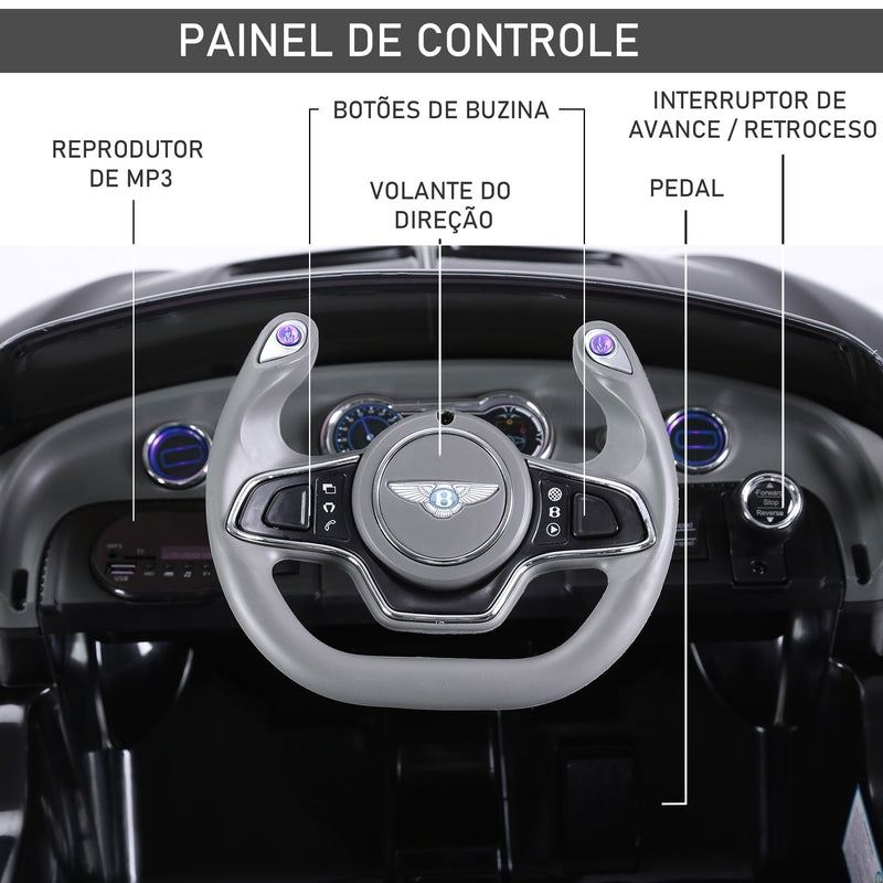 Bentley GT elétrico licenciado para crianças acima de 3 anos, 2 velocidades com controle remoto farois musica preto