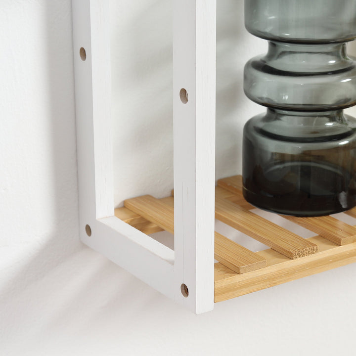 Estante de Parede de Bambu Prateleiras de Parede de 3 Níveis Estante Suspensa para Sala de Estar Dormitório Cozinha Casa de Banho 60x15x54cm Madeira e Branco