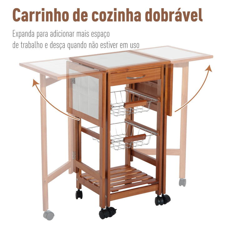 Carrinho de cozinha Serviço Auxiliar de Madeira De metal cromado 6 rodas 91x37x75 cm