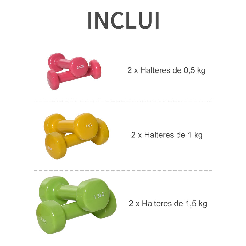 Conjunto de 6 Halteres Hexagonais 3 Pares de 1,5kg, 1kh e 0,5kg Conjunto de Halteres com Maleta de Transporte para Exercícios em Casa Academia Multicor