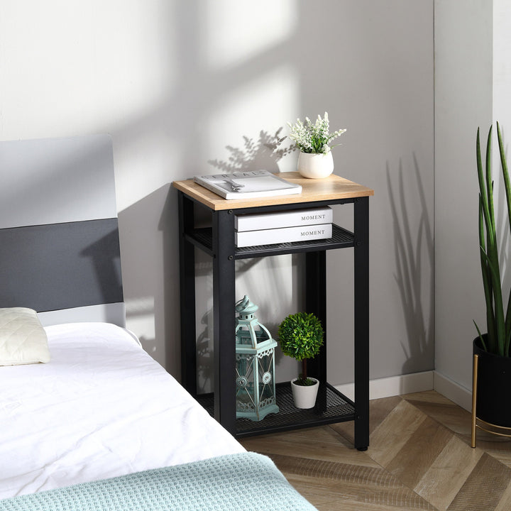 Mesa Auxiliar Mesa de Cabeceira Estilo Industrial com 2 Prateleiras de Grade de Metal e Pés Ajustáveis 45x35x75cm Carvalho e Branco