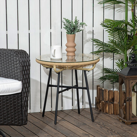Mesa Auxiliar de Vime Sintético Mesa de Centro Redonda para Exteriores com Bancada de Vidro Temperado e Pés de Metal para Pátio Jardim Varanda Ø50x50 cm Bege e Preto