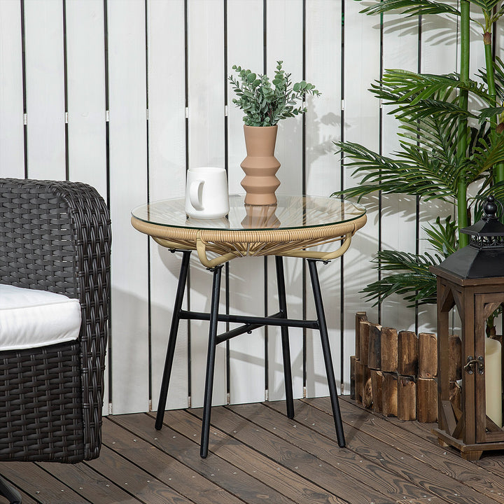 Mesa Auxiliar de Vime Sintético Mesa de Centro Redonda para Exteriores com Bancada de Vidro Temperado e Pés de Metal para Pátio Jardim Varanda Ø50x50 cm Bege e Preto