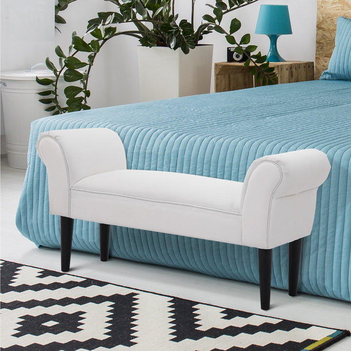Banco para Pé de Cama Banco estofado com braços Banco de madeira para quarto sala de estar 102x31x51cm Carga 130kg Branco