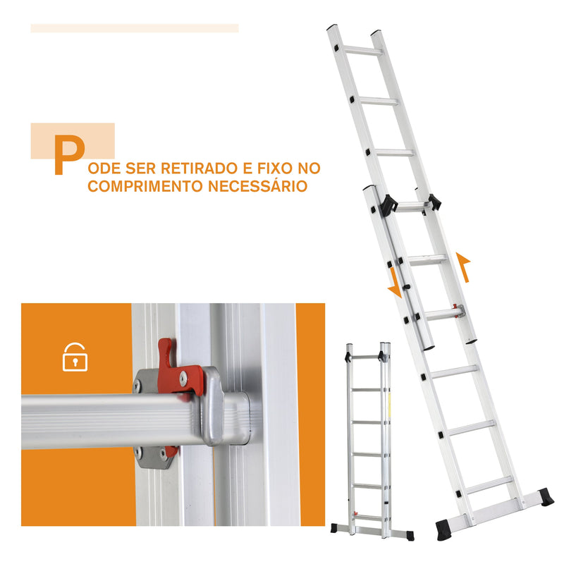 Escada dobrável de alumínio portátil 2 maneiras de usar o trilho de articulação 150kg de prata