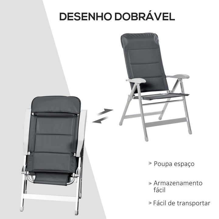 Cadeira de jardim dobrável de alumínio com encosto alto ajustável de 7 posições e encosto de cabeça acolchoado 75x61,5x114,5 cm cinza