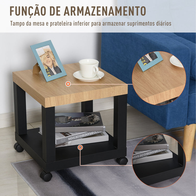 Mesa de Apoio para sofá mesa lateral com prateleira aberta, rodas e freios 40x40x40 Preto e Madeira