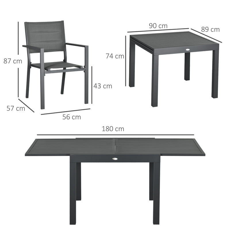 Conjunto de Móveis de Jardim 7 Peças Conjunto de Refeição de Exterior com Mesa Extensível e 6 Cadeiras Empilháveis com Estrutura de Alumínio e Assento de Textilene 90-180x89x74cm Cinza