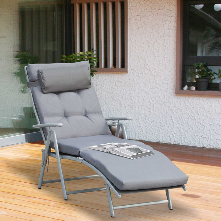 Espreguiçadeira Dobrável de Jardim com Encosto Ajustável em 7 Posições Almofada e Apoio para a Cabeça Acolchoados para Terraço Piscina Exterior Carga Máxima 165kg 137x63,5x100,5cm Cinza