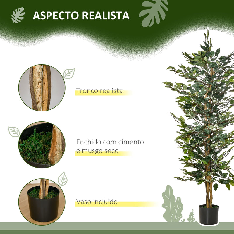 Outsunny Planta Artificial Ficus no Vaso Altura 150cm Planta Artificial Decorativa com 1008 Folhas Realistas Planta Artificial para interior e Exterior Sala de Estar Escritório Verde