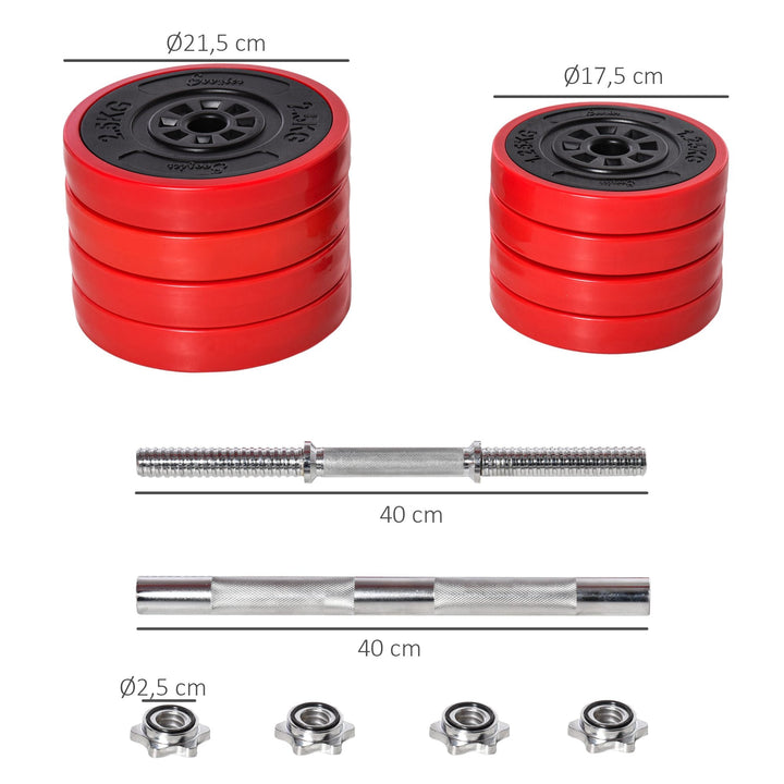 Conjunto de Halteres 20kg Ajustáveis 2 em 1 com 8 Discos 2 Barras e Extensor Ajustável para Treinamento de Força Levantamento de Pesos para Casa Academia Preto e Vermelho