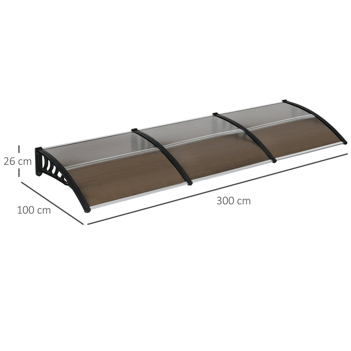 Marquise de Proteção 300x100cm Marquise Exterior para Portas e Janelas contra o Sol e Chuva com Suporte de PP Policarbonato Marrom