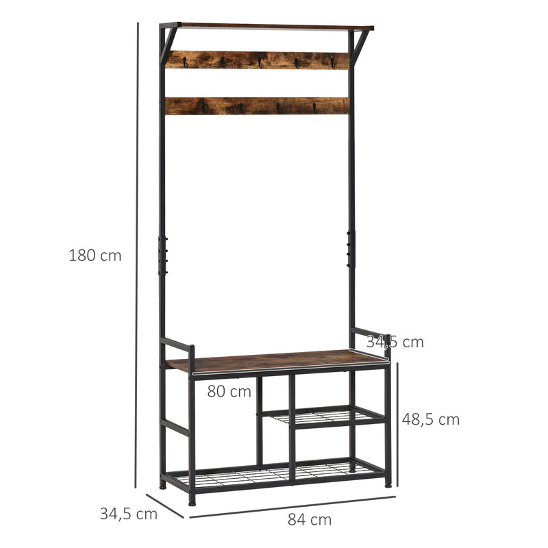 Cabide com estante de sapatos Cabide de entrada com 3 prateleiras 9 ganchos Pernas ajustáveis ??de estilo industrial 84x34,5x180 cm Preto e marrom