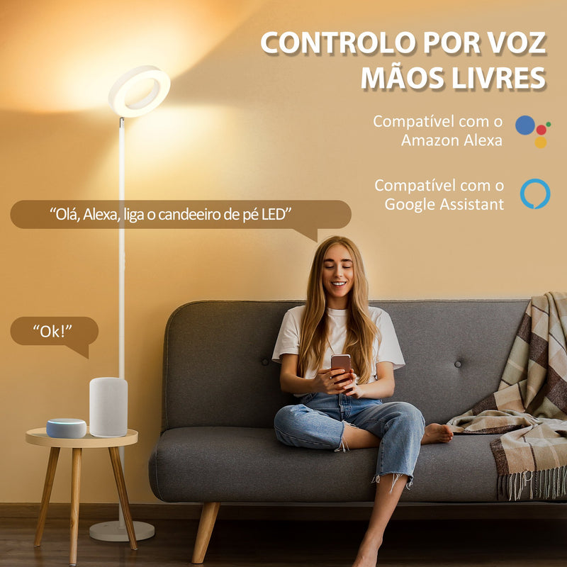 Candeeiro de Pé Inteligente com WiFi Candeeiro Moderno com LED Ajustável RGBCW Funciona com Alexa Assistente Google Ecrã Giratório 350° para Sala de Estar Dormitório Ø25x168cm Branco