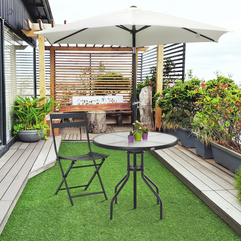Mesa de Jardim Redonda Mesa Sala de Jantar de Cristal Temperado com Orifício para Chapéu de Sol Estrutura Metálica para Pátio Terraço Exterior Ø80x72cm Preto