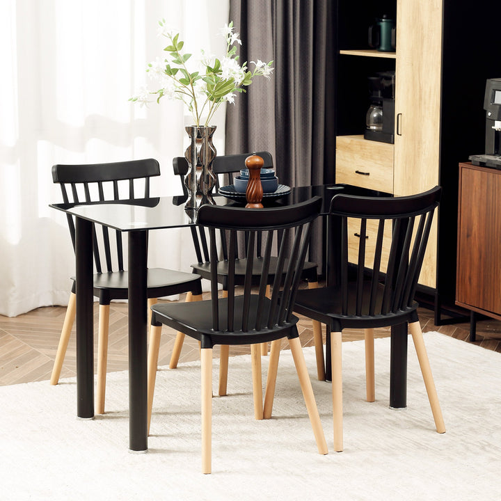 Conjunto de 4 Cadeiras Estilo Nórdico Cadeiras de Cozinha com Encosto Alto Assento de Polipropileno e Pés de Madeira de Faia Carga Máx. 120kg 43x52,5x83cm Preto e Madeira