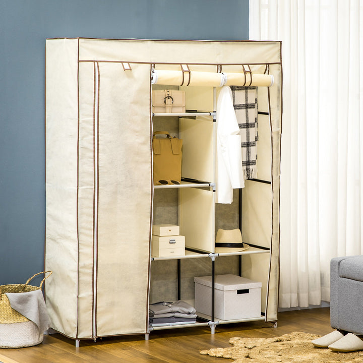 Roupeiro de Tecido Dobrável Armário Portátil com 8 Prateleiras de Armazenamento e 2 Barras de Pendurar Organizador de Roupa para Dormitório Vestidor 125x43x162,5cm Creme