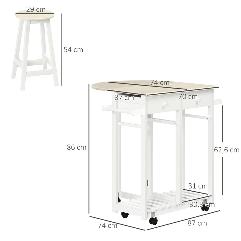 Conjunto de Mesa e 2 Bancos para Cozinha Mesa de Cozinha com Rodas Bancada Dobrável 2 Gavetas Barra para Pendurar e Prateleira de Armazenamento 87x74x86cm Carvalho e Branco