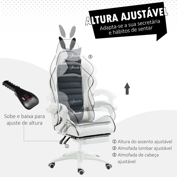 Cadeira Gaming Profissional Cadeira Gamer Giratória de Couro PU com Altura Ajustável Inclinável 135° Apoio para a Cabeça e Apoio para os Pés para Escritório 65x63x136-142 cm Branco e Preto