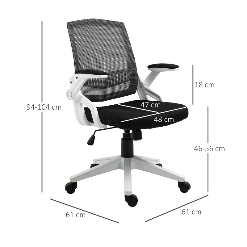 Cadeira de Escritório Ergonômica Basculante com Altura Ajustável Apoio para o Braço Dobrável Suporte Lombar e Malha Transpirável 61x61x94-104cm Preto