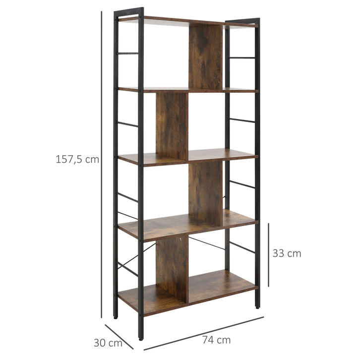 Estante para Livros de 4 Níveis com 8 Compartimentos de Armazenamento Estilo Industrial para Sala de Estar Escritório Dormitório 74x30x157,5cm Marrom Rústico