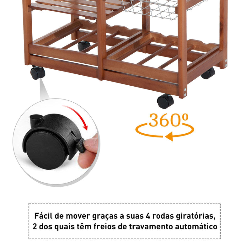 Carrinho Cozinha Serviço Auxiliar Madeira Metal Cromado Rodas Gaveta Garrafeira 74x37x76 cm