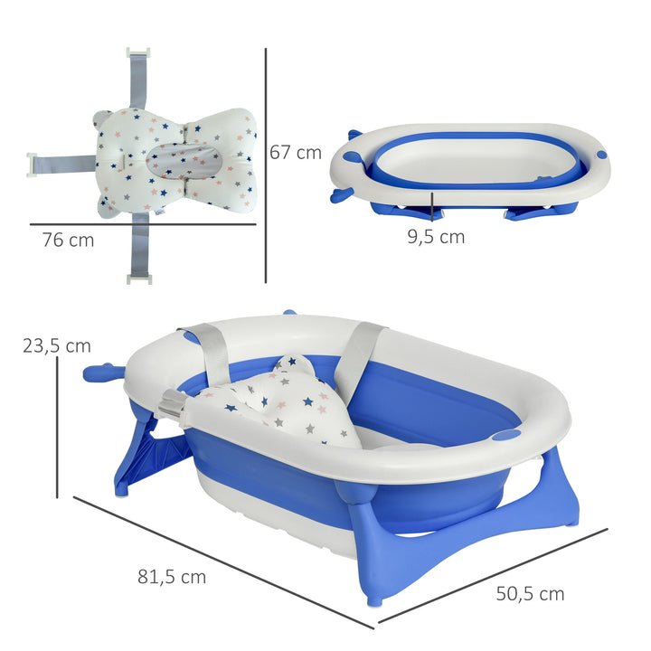 Banheira para Bebé Recém Nascido até 3 Anos Dobrável 30 Litros com Tampa Termossensível e Almofada Confortável Almofadas Antiderrapantes 81,5x50,5x23,5cm Azul e Branco