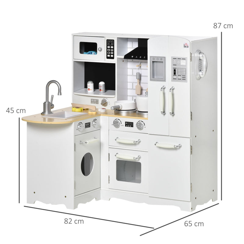 Cozinha Infantil de Madeira para Crianças acima de 3 Anos com Sons 14 Acessórios Cozinha Infantil com Telefone Lavatório Microondas e Grifo 82x65x87cm Branco