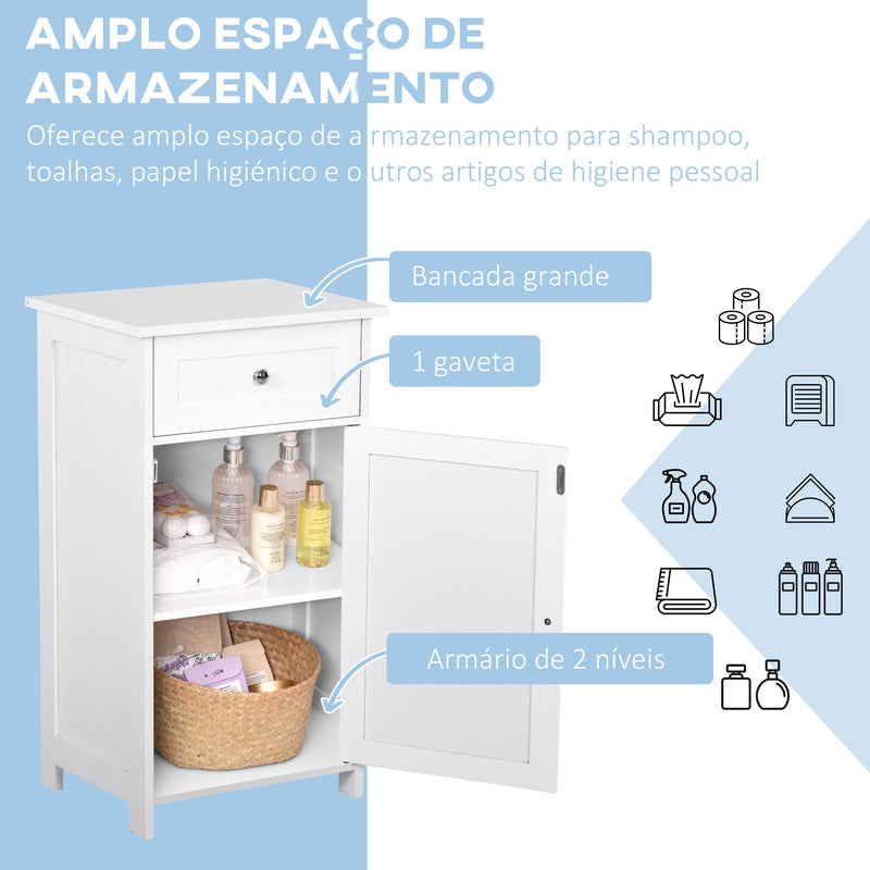 Armário de Casa de Banho com 1 Gaveta 1 Porta e Prateleira Interior Ajustável Móvel Auxiliar de Armazenamento para Sala de Estar Cozinha 43x34x77cm Branco