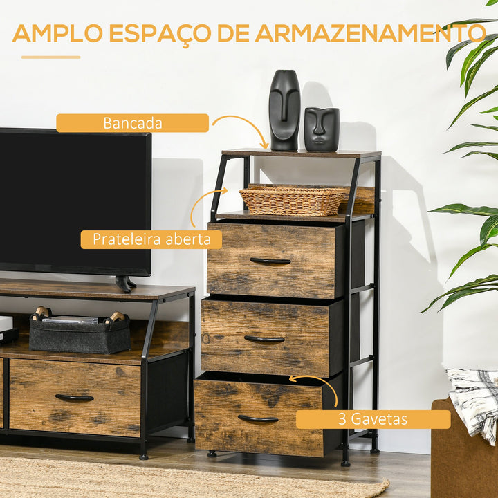 Cómoda com 3 Gavetas de Tecido Dobrável e Prateleira Aberta Móvel de Armazenamento para Escritório Dormitório Estilo Industrial Anti-Tombo 44x29x92cm Marrom Rústico