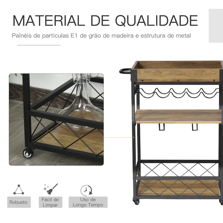 Carrinho de cozinha multifuncional com 3 prateleiras 77x44,5x91 cm Madeira rústica