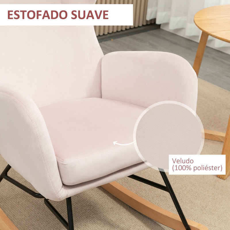 Poltrona Baloiço Estofada em Veludo Poltrona Baloiço Relax com Assento Acolchoado Apoio para os Braços e Pés de Madeira de Faia para Sala de Estar Dormitório 65x87x102cm Rosa