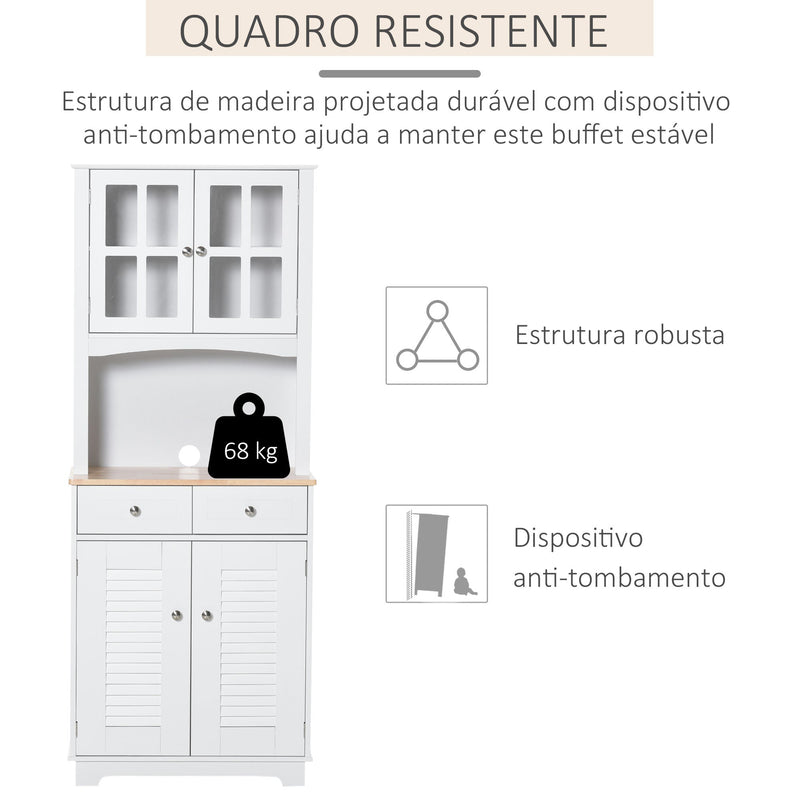 Armário de cozinha Armário aparador com 2 portas 2 gavetas e prateleira aberta para microondas 68x39,5x170 cm branco