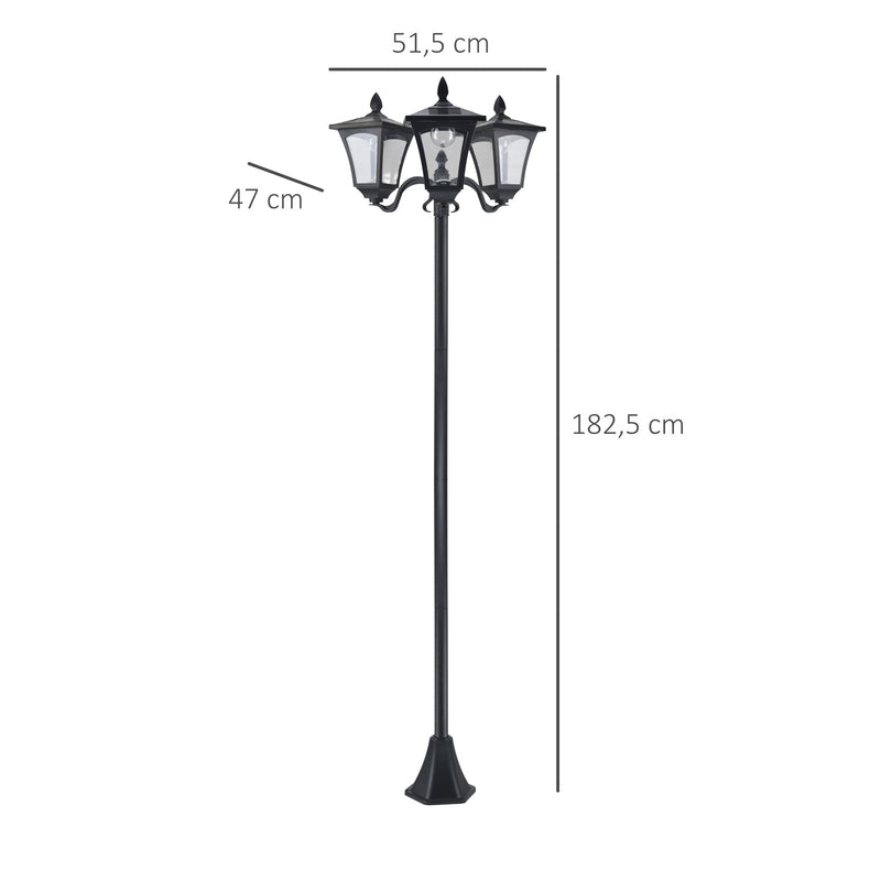 Candeeiro Solar de Jardim com 3 Luzes LED Impermeável IP44 Sensor de Noite Candeeiro de Exterior para Terraço Pátio Aço Inoxidável 51,5x47x182,5cm Preto