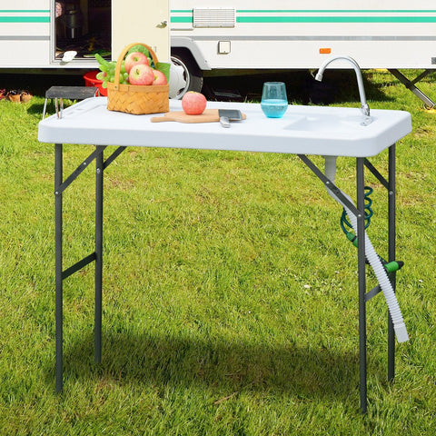 Mesa de piquenique dobrável com torneira de pia e pistola de irrigação extensível 114,5x59x94,5 cm Branco