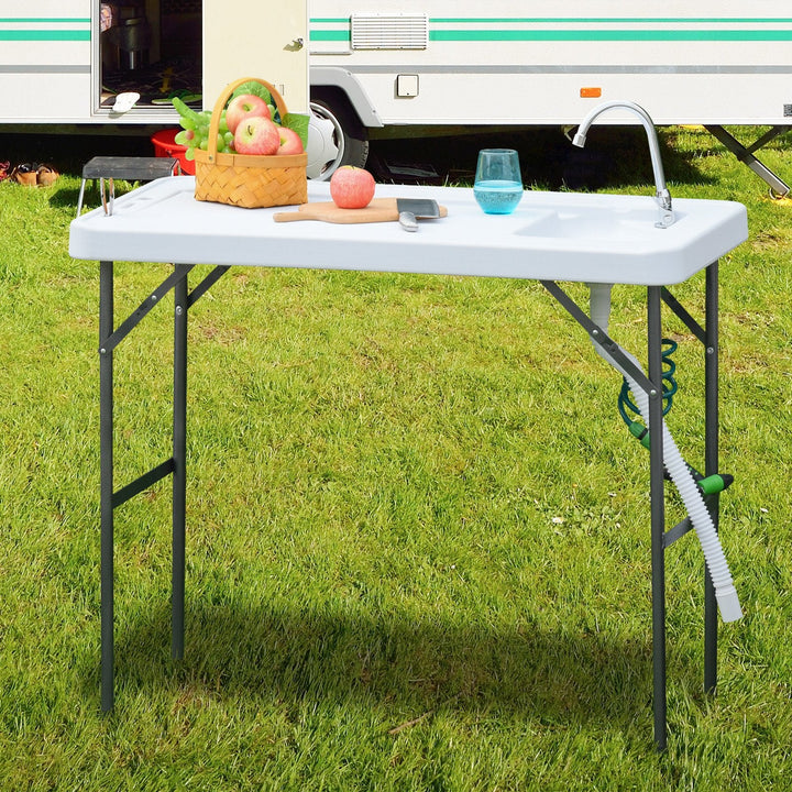 Mesa de piquenique dobrável com torneira de pia e pistola de irrigação extensível 114,5x59x94,5 cm Branco