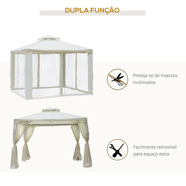 Pérgola de Jardim 3x3m Pérgola de Exterior com Duplo Teto de Ventilação 4 Cortinas Laterais 4 Orifícios de Drenagem e 4 Telas Mosquiteiras com Zíper para Festas Pátio Creme
