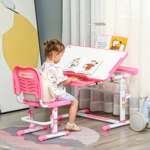 Conjunto de Secretária e Cadeira para Crianças acima de 3 Anos Secretária Infantil com Altura Ajustável Mesa Inclinável Gaveta Lâmpada LED e Suporte para Lápis 80x49,5x80-105cm e 36x34x60-73cm Rosa