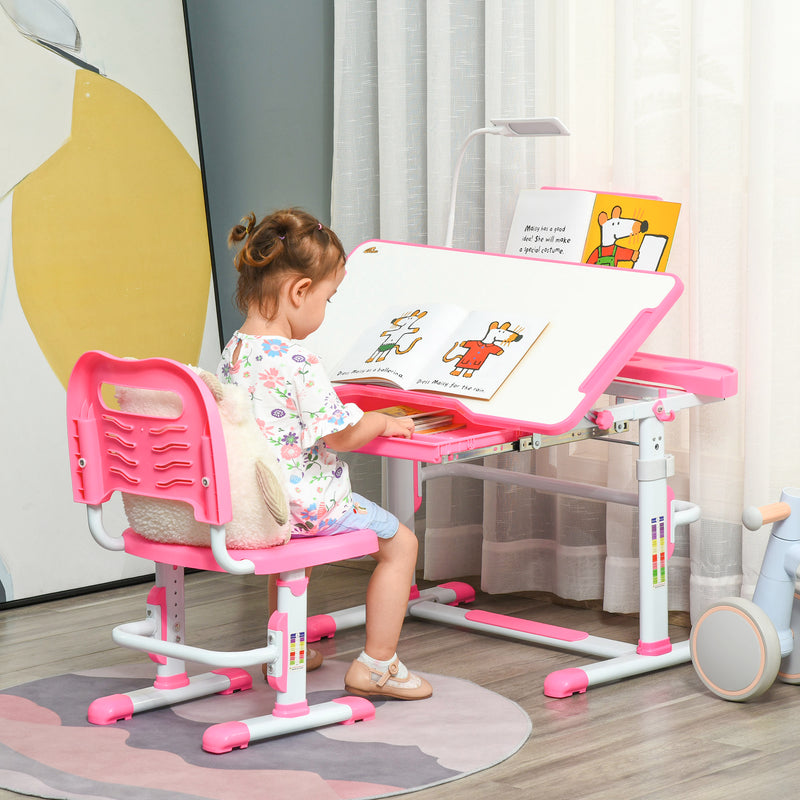 Conjunto de Secretária e Cadeira para Crianças acima de 3 Anos Secretária Infantil com Altura Ajustável Mesa Inclinável Gaveta Lâmpada LED e Suporte para Lápis 80x49,5x80-105cm e 36x34x60-73cm Rosa