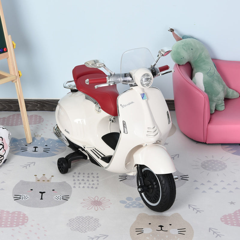 Mota elétrica infantil Vespa para crianças acima de 3 Anos com Faróis Música 2 Rodas Auxiliares 108x49x75 cm Branco