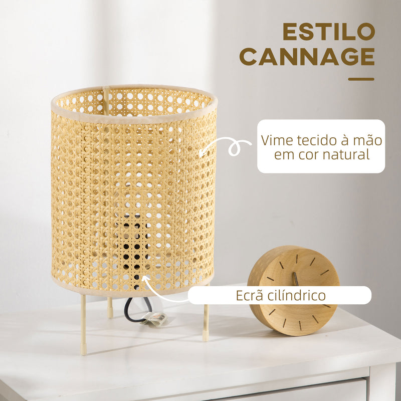 Candeeiro de Mesa Candeeiro de Mesa de Cabeceira Lâmpada E27 Máx. 40W com Ecrã de Vime Sintético Tecido a Mão para Dormitório Escritório Ø20x30,5cm Natural