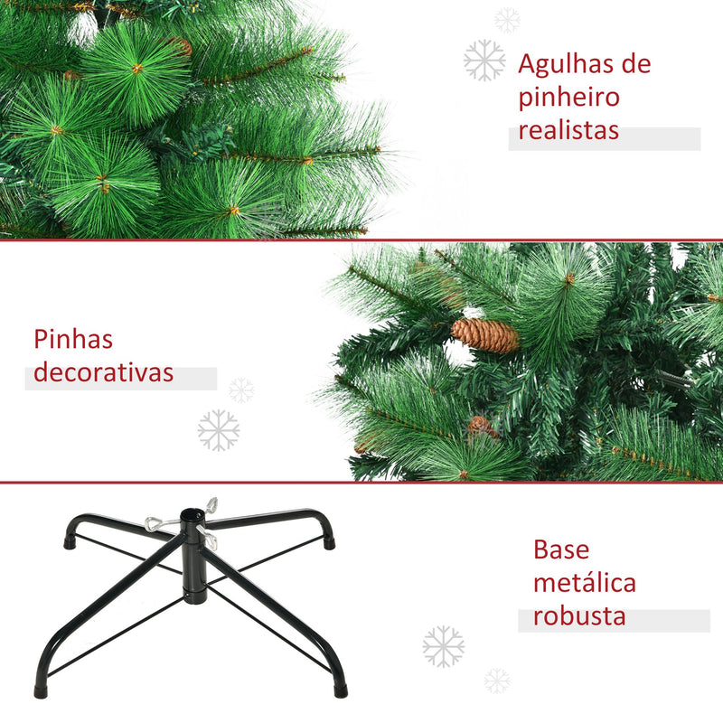 Árvore de Natal Artificial 180cm com 782 Ramos 56 Pinhas Folhas de PVC Base Dobrável e Suporte Metálico Decoração de Natal para Interiores Verde