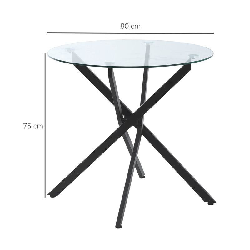 Mesa de Sala de Jantar Redonda com Bancada de Cristal Temperado Transparente e Pés Cruzados de Metal Mesa de Centro Moderna Ø80x75cm Preto